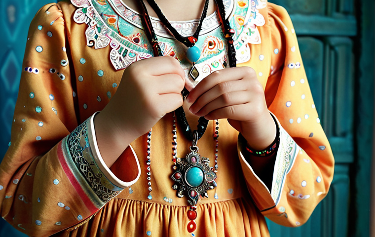 **
Prompt: A young girl (sister of Hari) with soft, cheerful colors in her clothing, possibly with amulet-like patterns. Focus on a small pendant or bracelet she's wearing. Mysterious and slightly magical atmosphere.
**