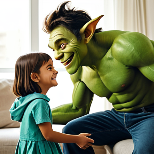 Home 6 A professional illustration of two children, a young girl and a young boy, interacting with a friendly, green, goblin-like creature with large eyes and a warm smile. They are in a clean, modern apartment living room, filled with natural light, showing a harmonious and supportive atmosphere. All subjects are fully clothed in modest, everyday attire. The composition emphasizes their strong, positive bond and teamwork. perfect anatomy, correct proportions, natural pose, well-formed hands, proper finger count, natural body proportions, professional photography, high quality, safe for work, appropriate content, family-friendly.